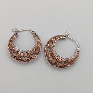 Sterling Silver Filigree Hoop Earrings 925 Two-Tone Hearts 1" Wide, New